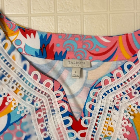 Talbots Women's Lace Trim Tunic Top Floral Bright Colorful Neon Size L - Picture 4 of 4